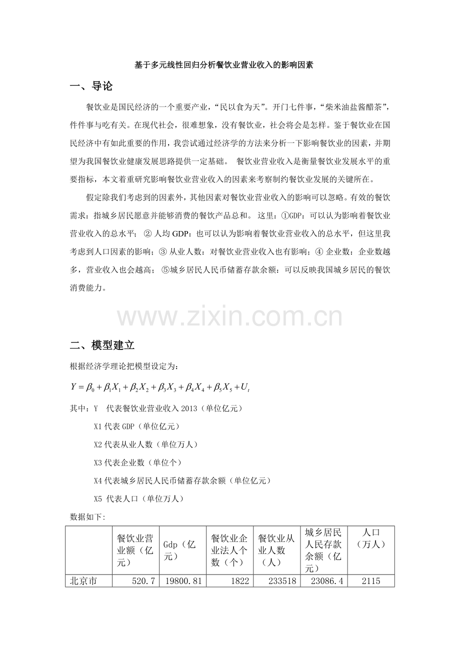 基于多元线性回归分析餐饮业营业收入的影响因素.doc_第1页