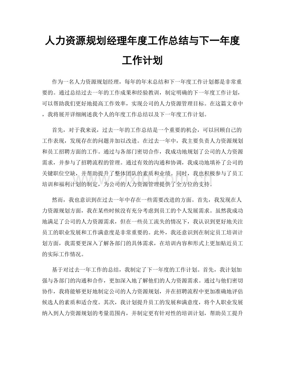 人力资源规划经理年度工作总结与下一年度工作计划.docx_第1页