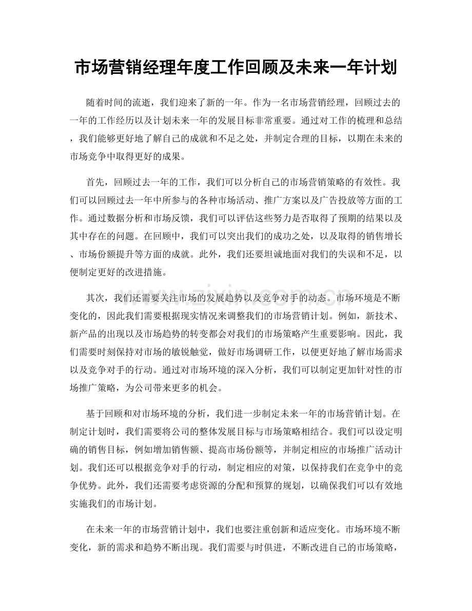 市场营销经理年度工作回顾及未来一年计划.docx_第1页