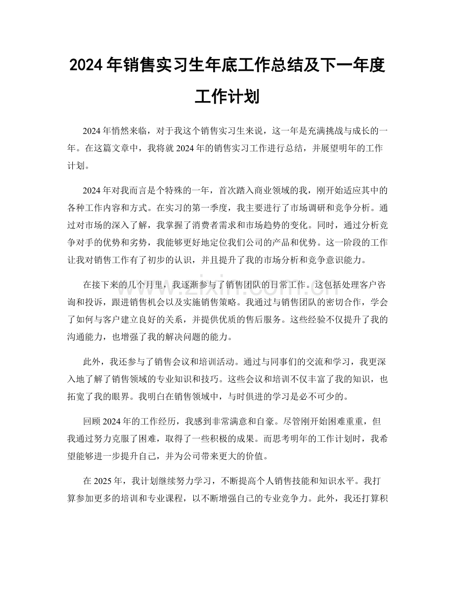 2024年销售实习生年底工作总结及下一年度工作计划.docx_第1页