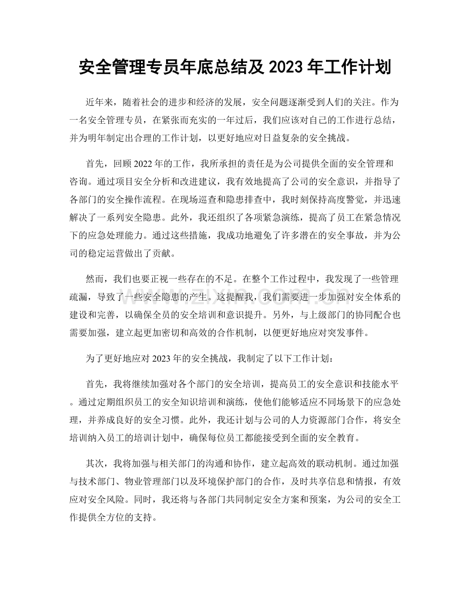 安全管理专员年底总结及2023年工作计划.docx_第1页