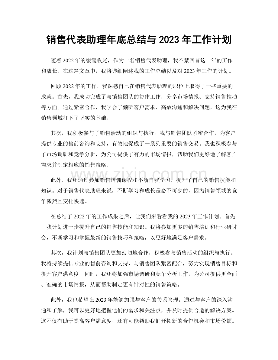 销售代表助理年底总结与2023年工作计划.docx_第1页