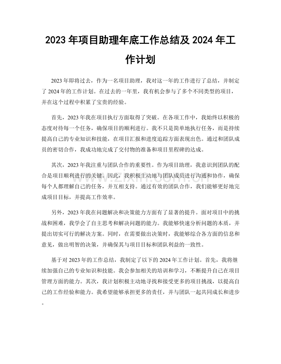 2023年项目助理年底工作总结及2024年工作计划.docx_第1页