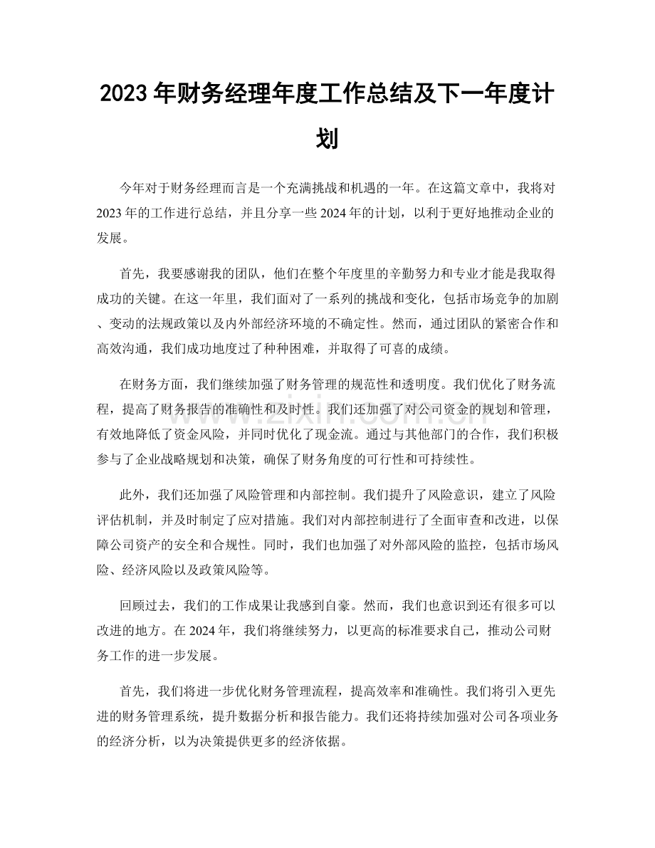 2023年财务经理年度工作总结及下一年度计划.docx_第1页