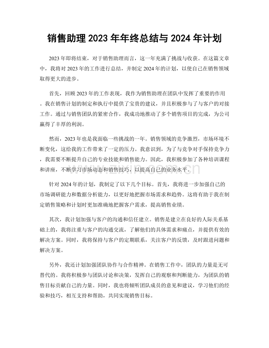 销售助理2023年年终总结与2024年计划.docx_第1页