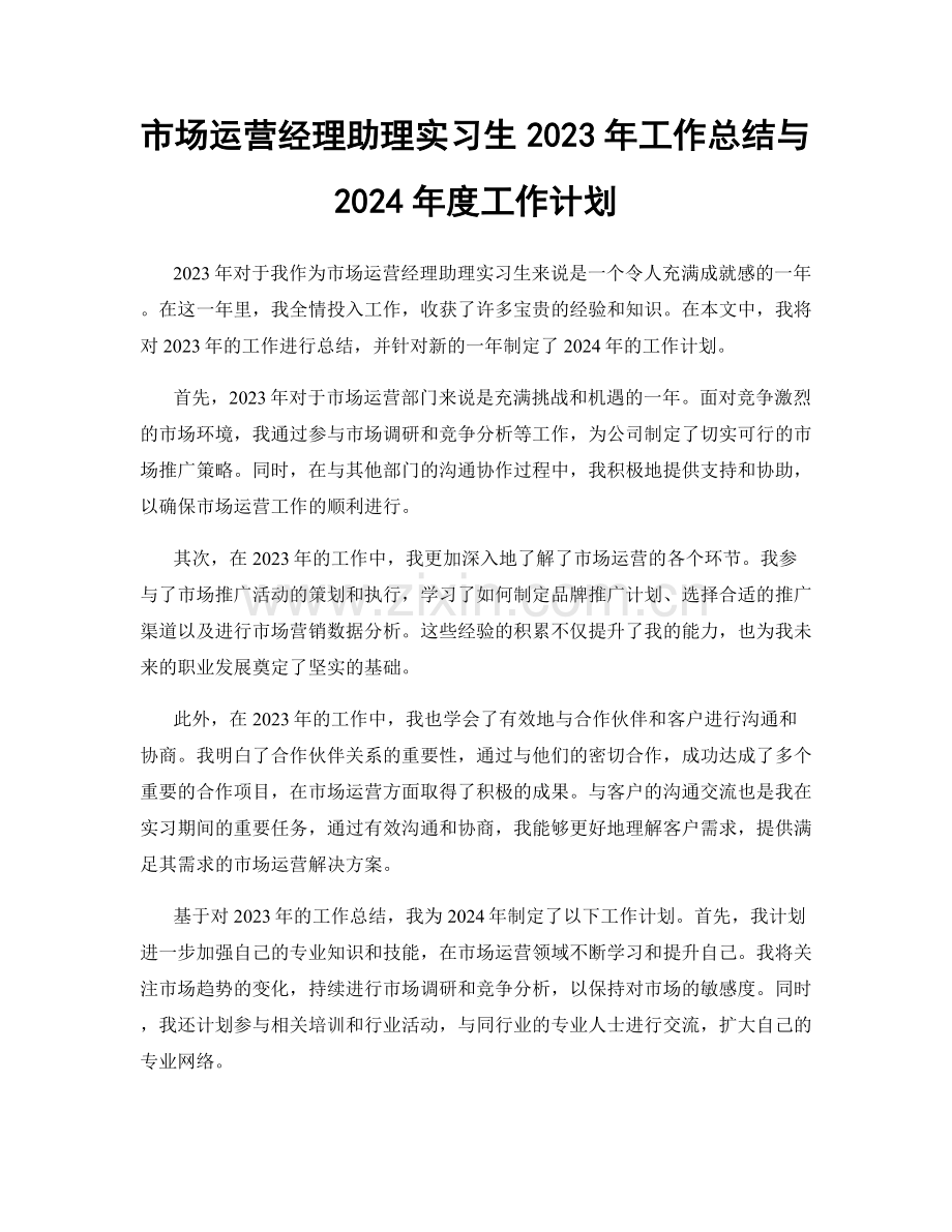 市场运营经理助理实习生2023年工作总结与2024年度工作计划.docx_第1页