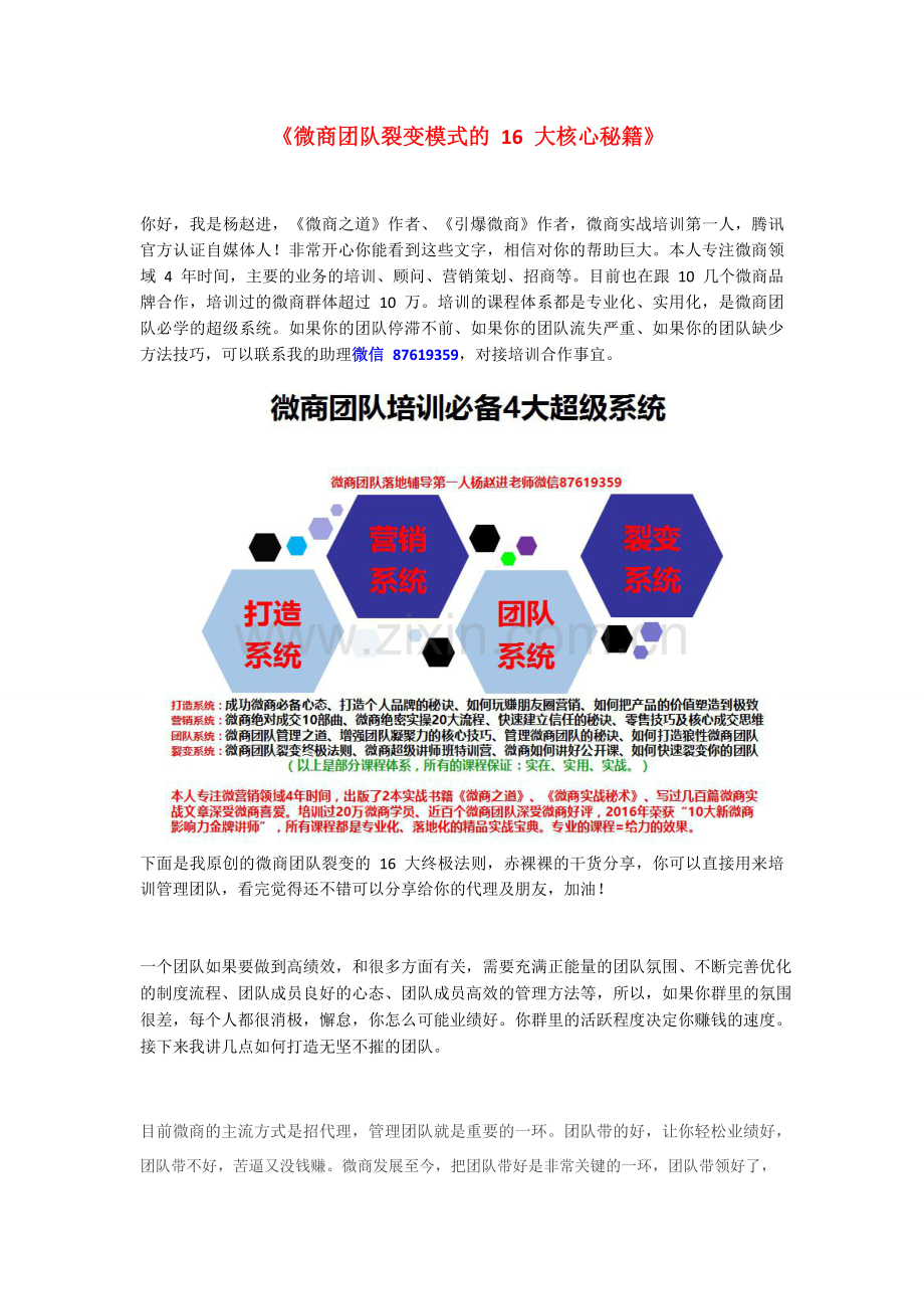 微商学习培训系列大全0006 杨赵进：《微商团队裂变模式的 16 大核心秘籍》.doc_第1页