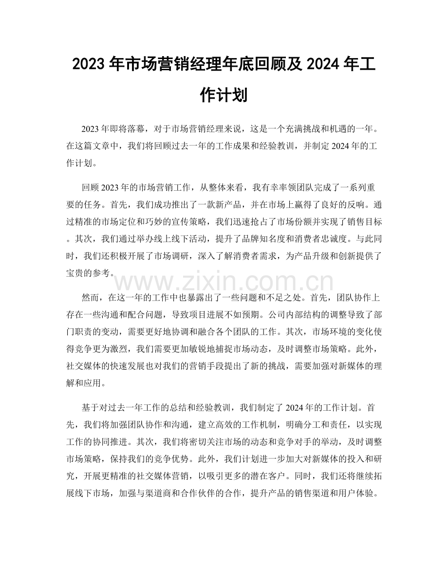 2023年市场营销经理年底回顾及2024年工作计划.docx_第1页