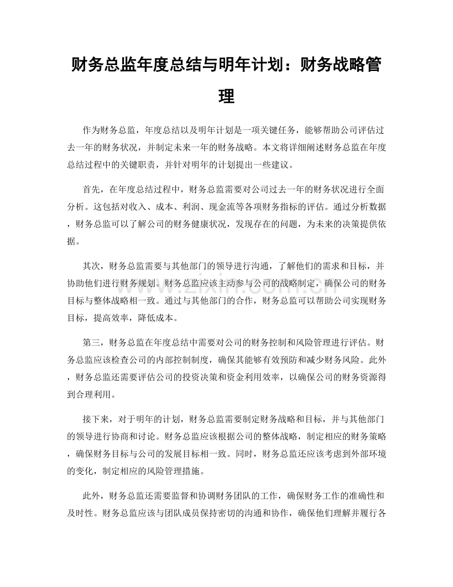 财务总监年度总结与明年计划：财务战略管理.docx_第1页