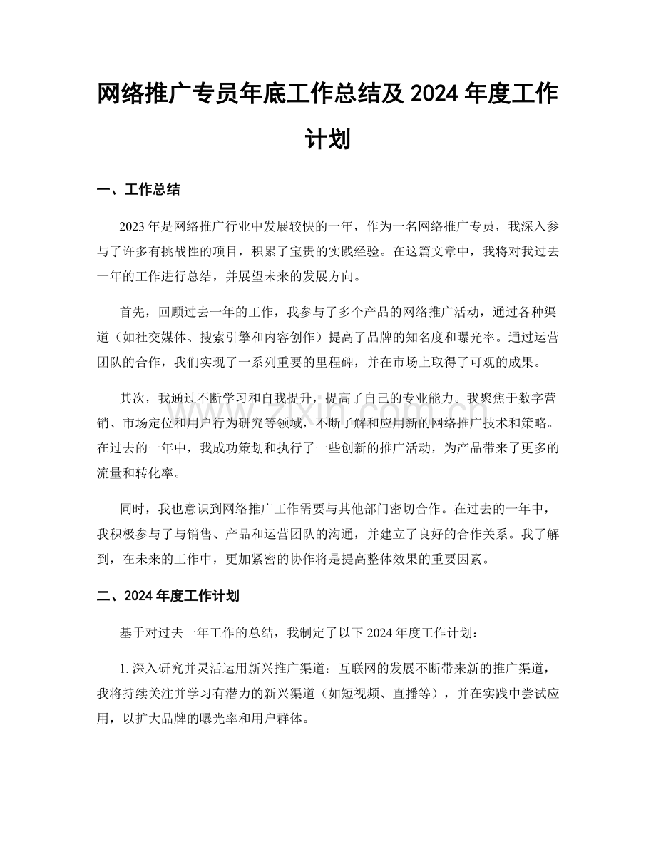 网络推广专员年底工作总结及2024年度工作计划.docx_第1页