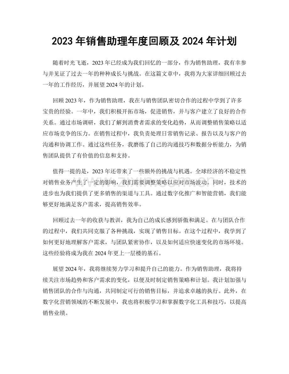 2023年销售助理年度回顾及2024年计划.docx_第1页