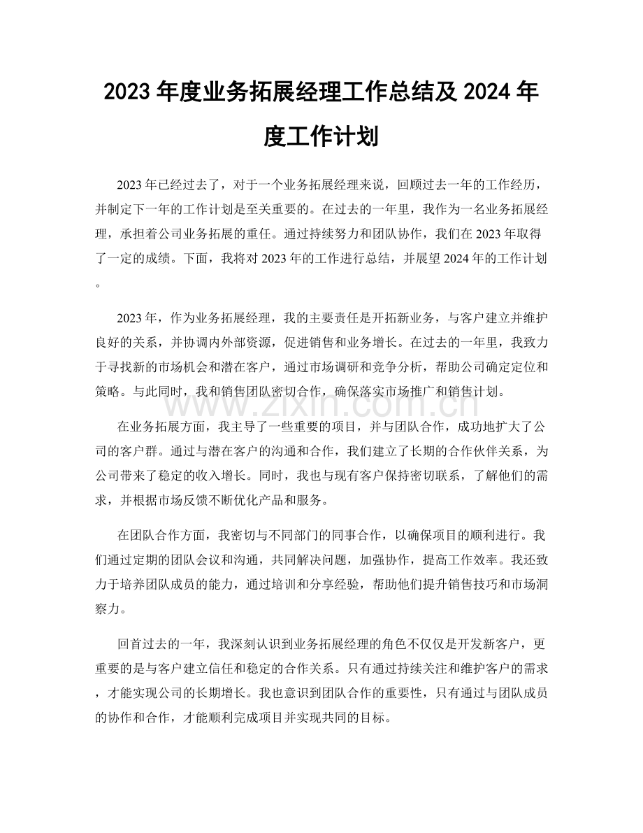 2023年度业务拓展经理工作总结及2024年度工作计划.docx_第1页