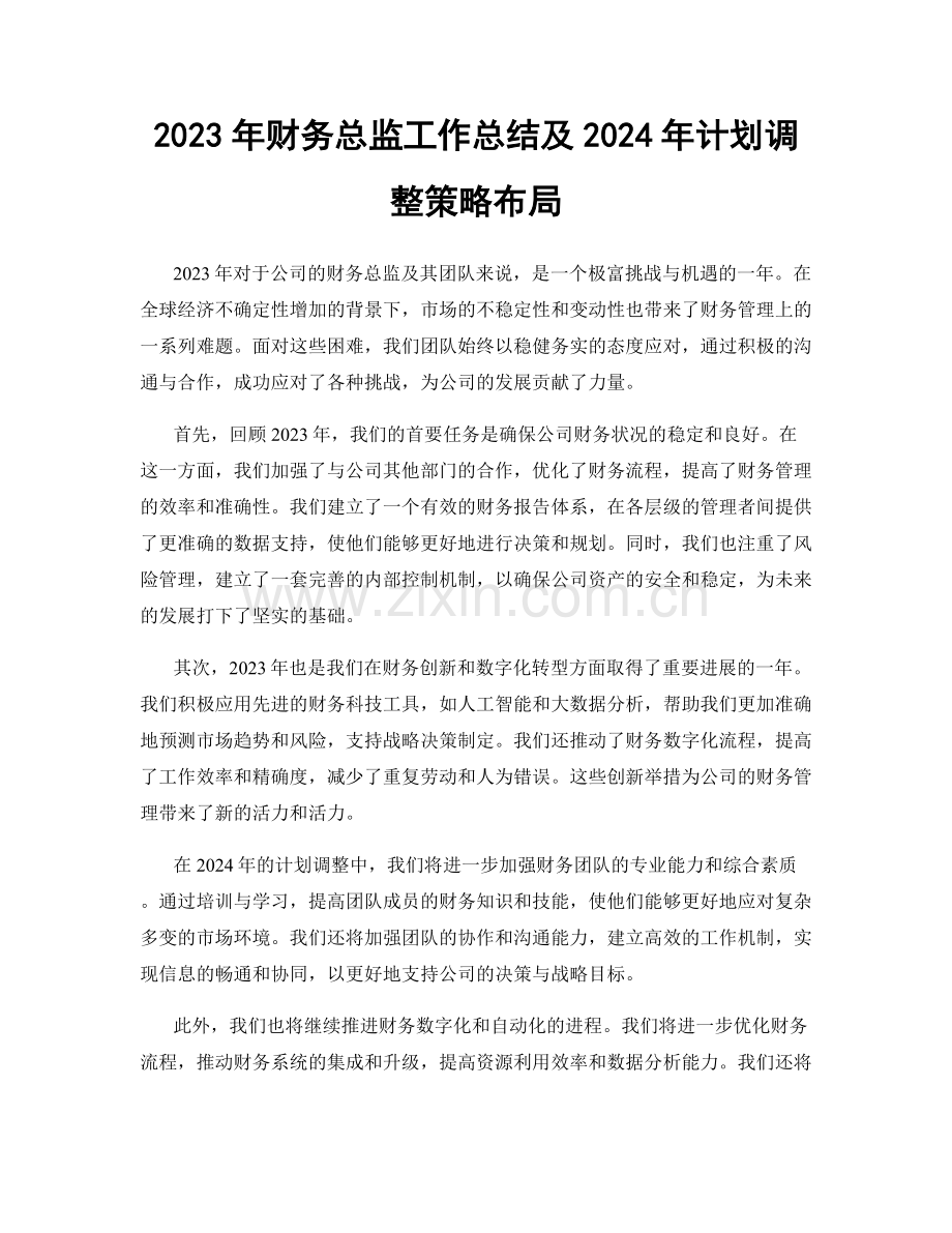 2023年财务总监工作总结及2024年计划调整策略布局.docx_第1页