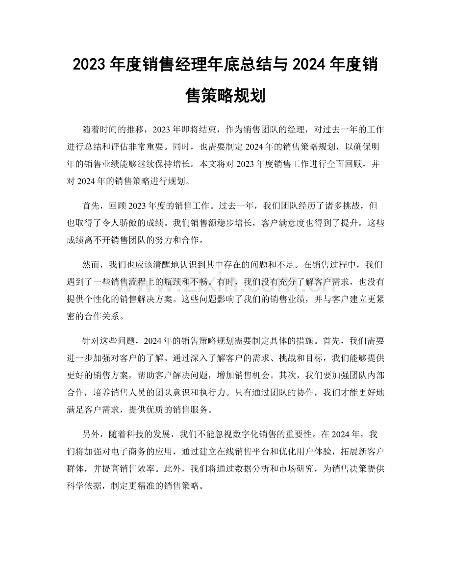 2023年度销售经理年底总结与2024年度销售策略规划.docx_第1页