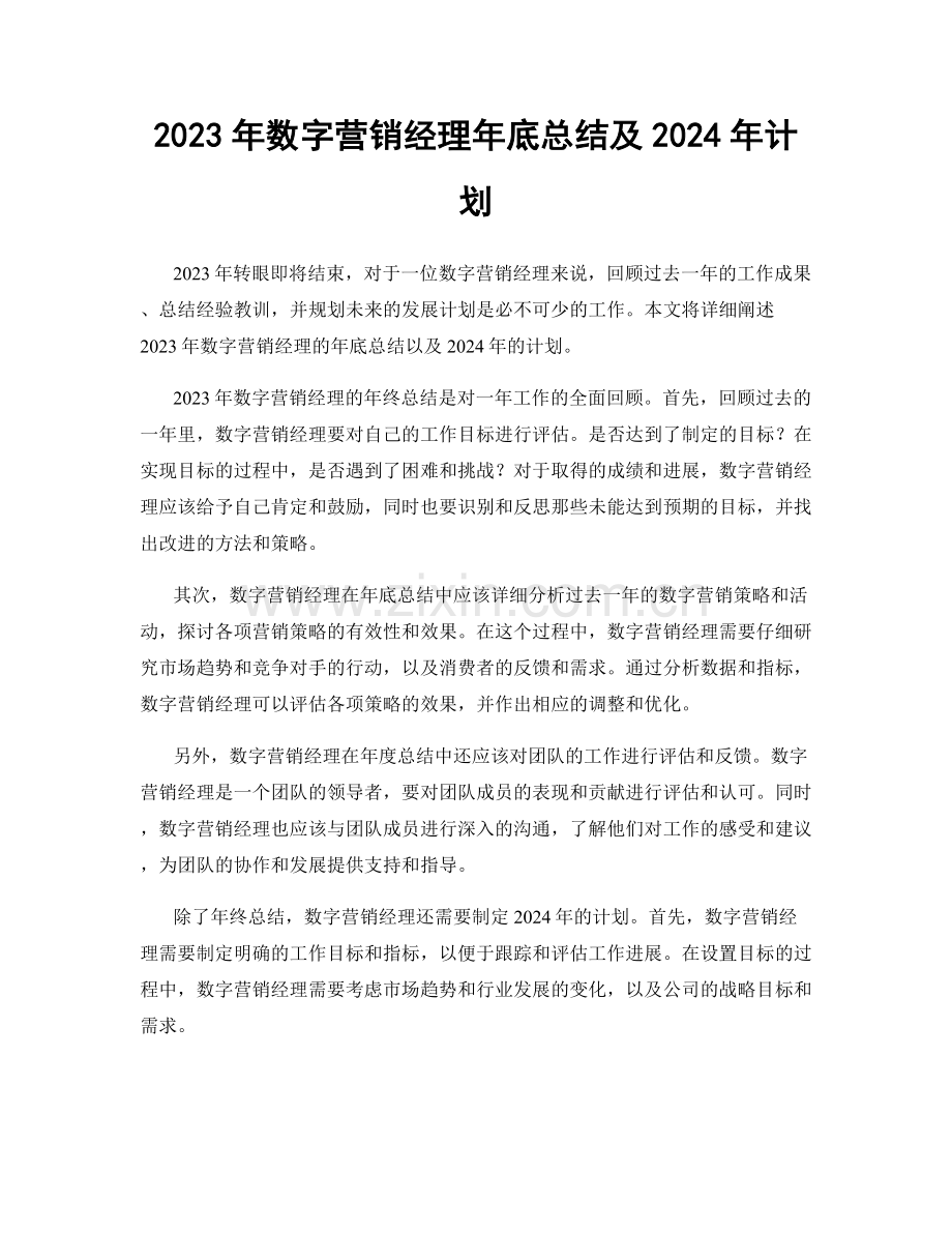2023年数字营销经理年底总结及2024年计划.docx_第1页