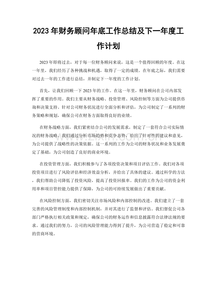 2023年财务顾问年底工作总结及下一年度工作计划.docx_第1页