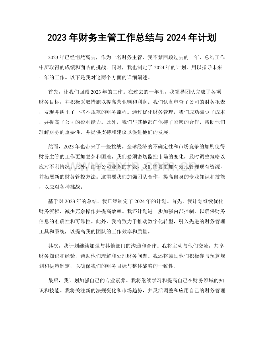 2023年财务主管工作总结与2024年计划.docx_第1页
