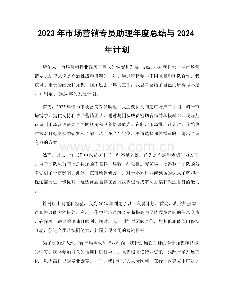 2023年市场营销专员助理年度总结与2024年计划.docx_第1页