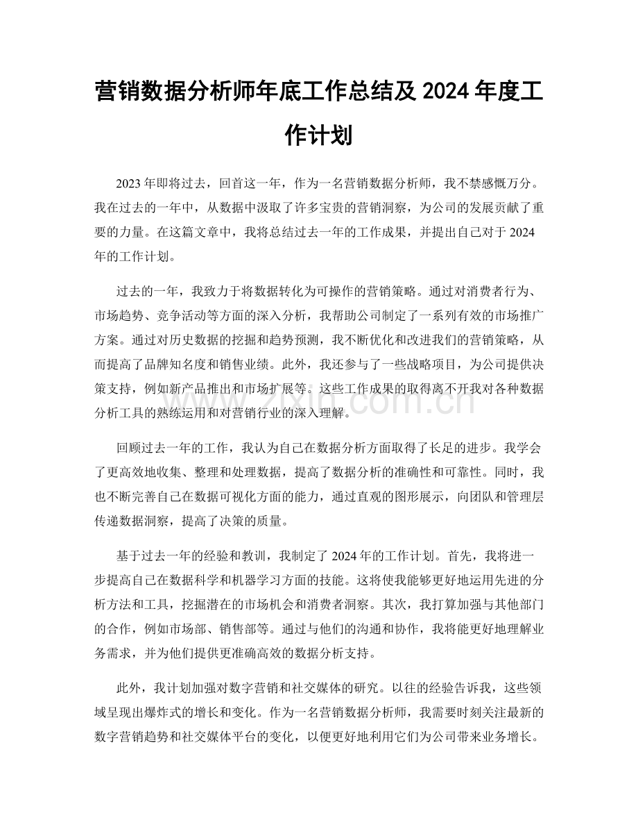 营销数据分析师年底工作总结及2024年度工作计划.docx_第1页