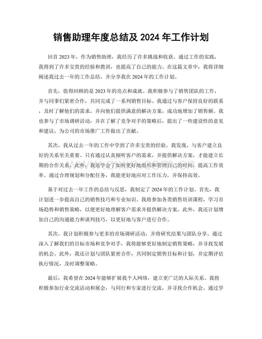 销售助理年度总结及2024年工作计划.docx_第1页