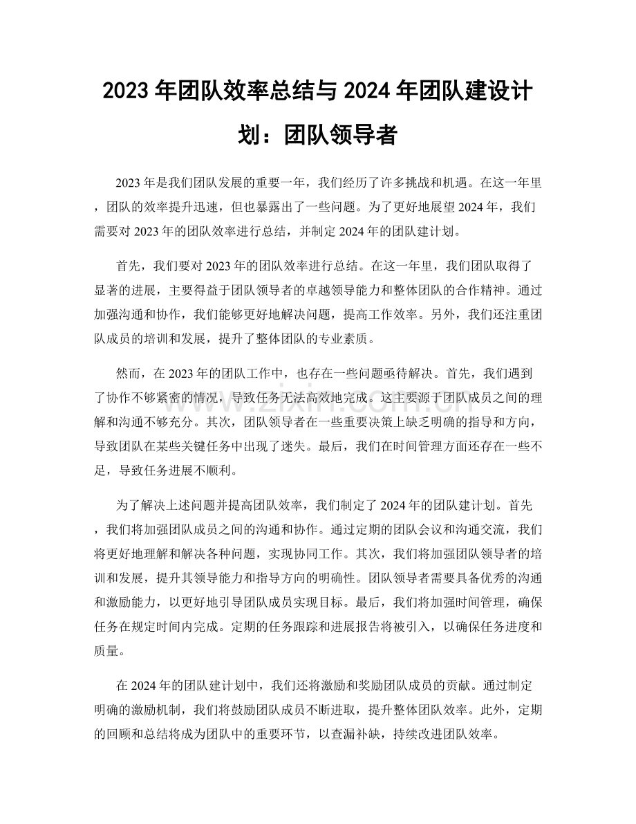 2023年团队效率总结与2024年团队建设计划：团队领导者.docx_第1页