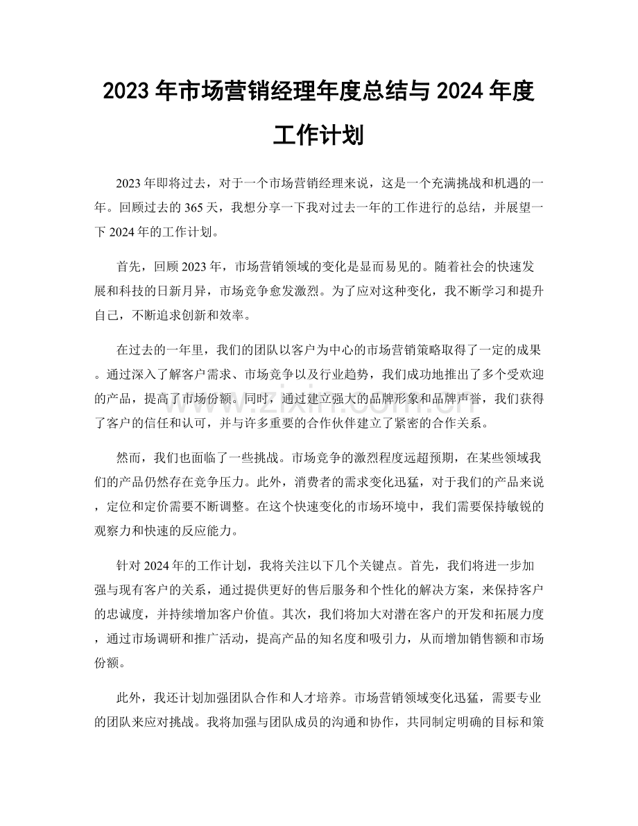 2023年市场营销经理年度总结与2024年度工作计划.docx_第1页