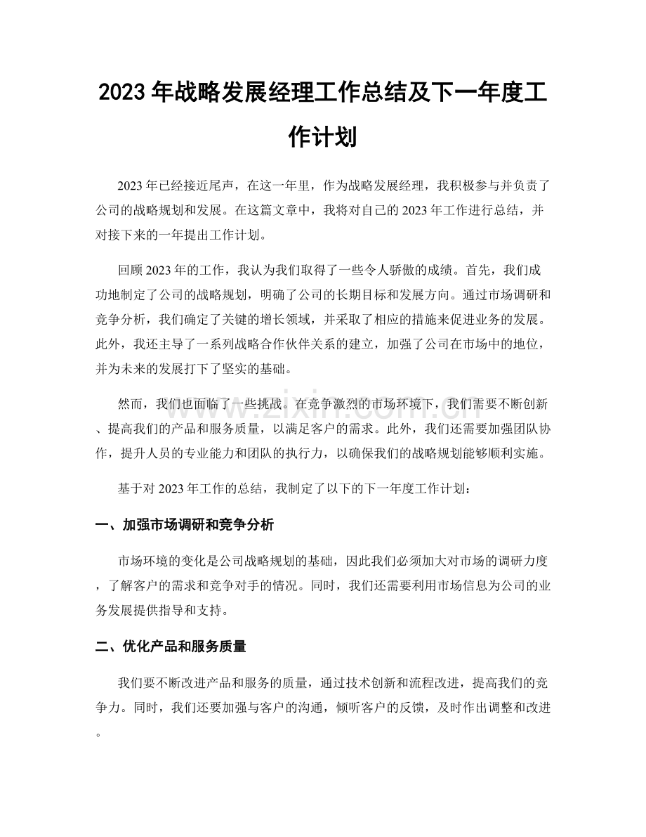 2023年战略发展经理工作总结及下一年度工作计划.docx_第1页