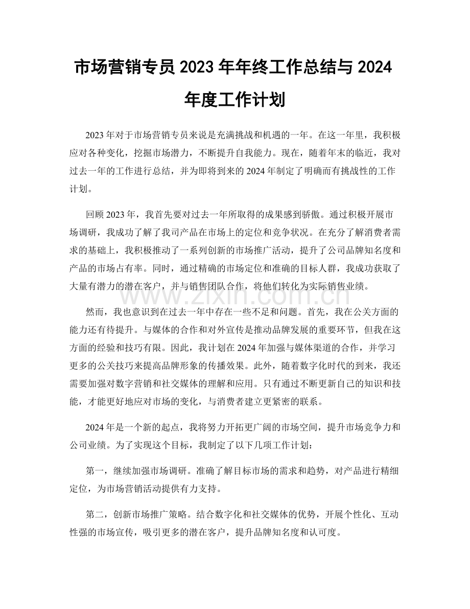 市场营销专员2023年年终工作总结与2024年度工作计划.docx_第1页