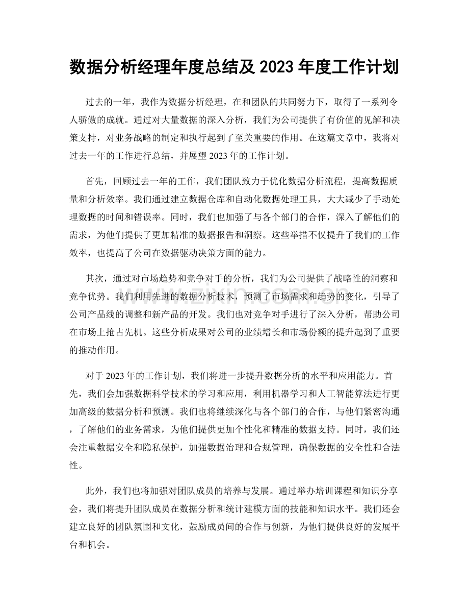 数据分析经理年度总结及2023年度工作计划.docx_第1页