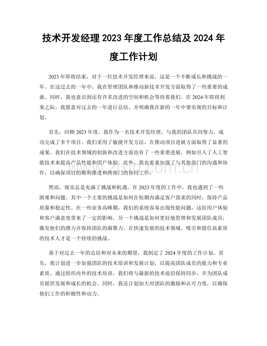技术开发经理2023年度工作总结及2024年度工作计划.docx_第1页