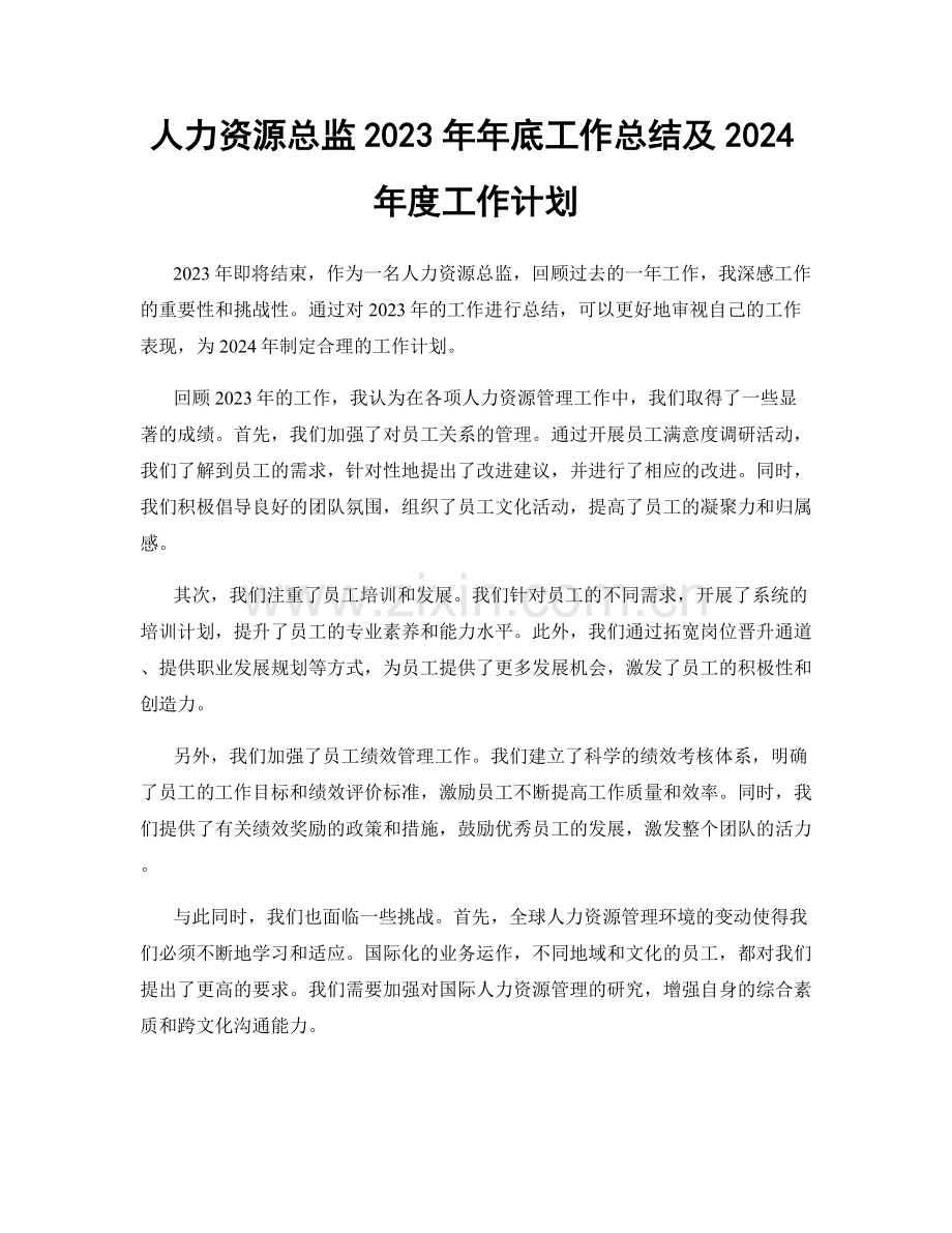 人力资源总监2023年年底工作总结及2024年度工作计划.docx_第1页