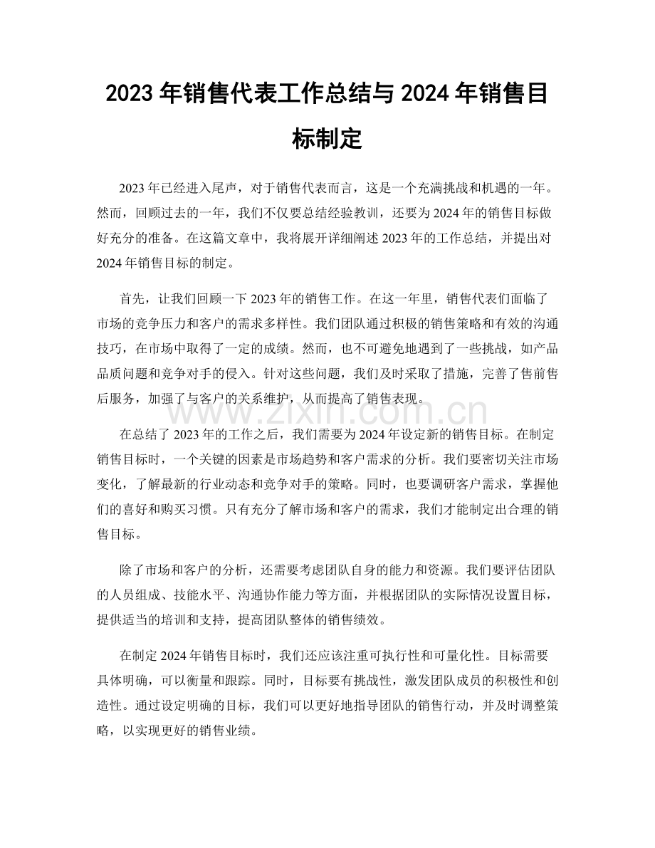 2023年销售代表工作总结与2024年销售目标制定.docx_第1页