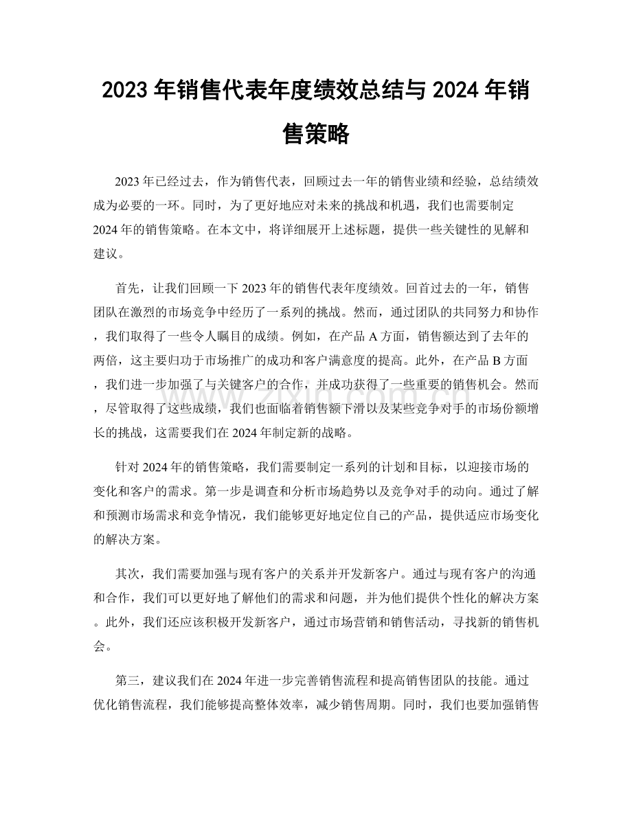 2023年销售代表年度绩效总结与2024年销售策略.docx_第1页
