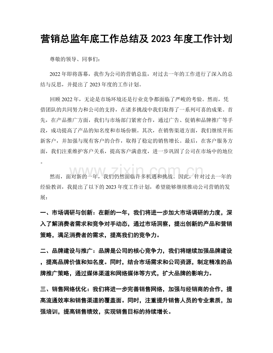 营销总监年底工作总结及2023年度工作计划.docx_第1页