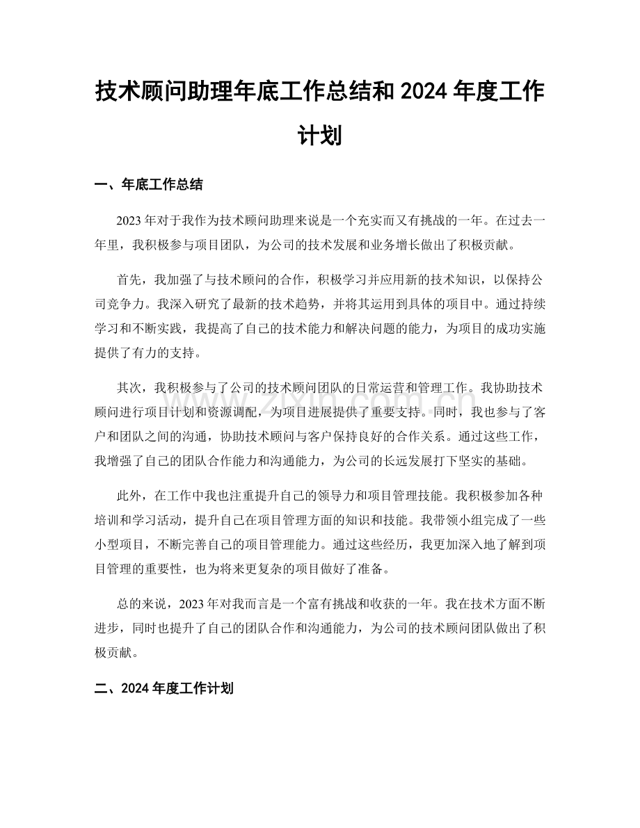技术顾问助理年底工作总结和2024年度工作计划.docx_第1页