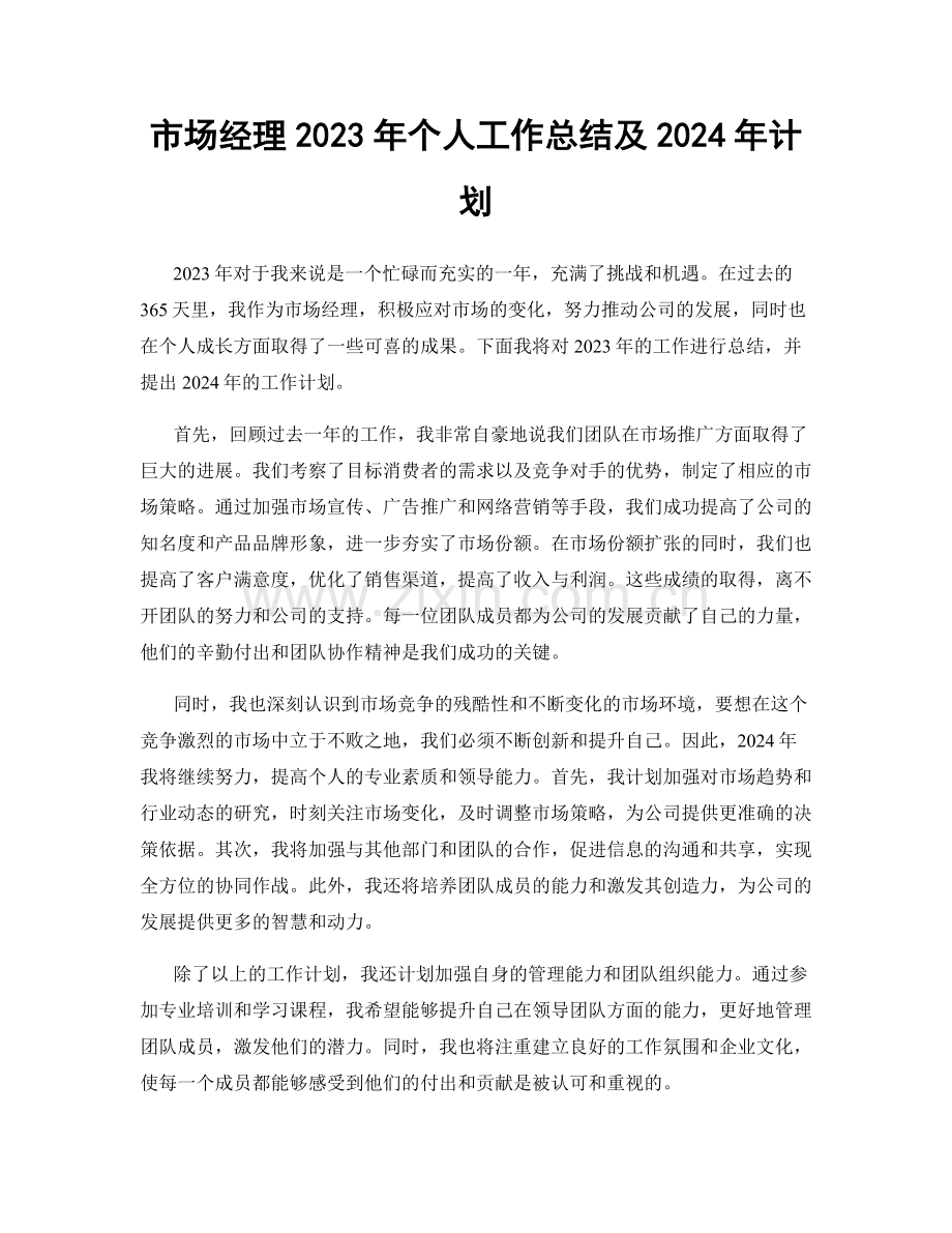 市场经理2023年个人工作总结及2024年计划.docx_第1页