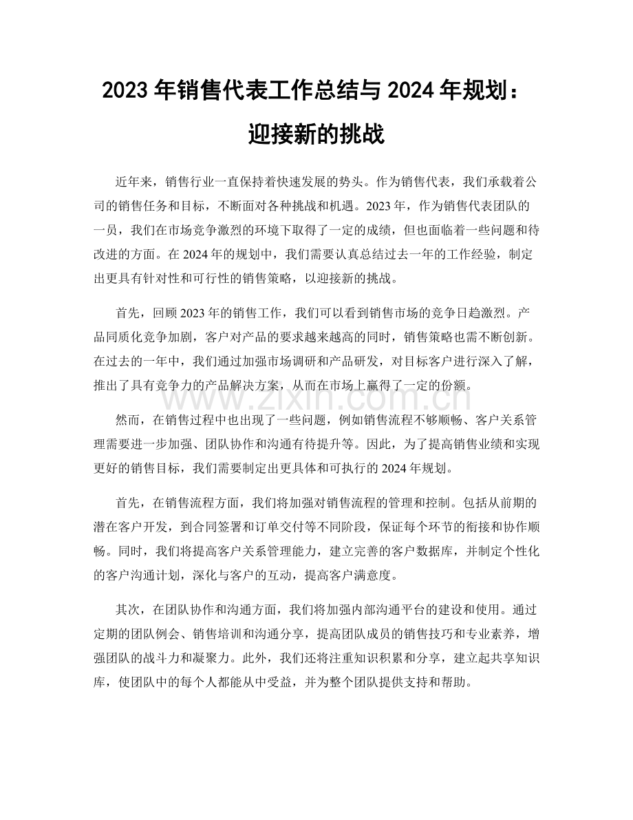 2023年销售代表工作总结与2024年规划：迎接新的挑战.docx_第1页