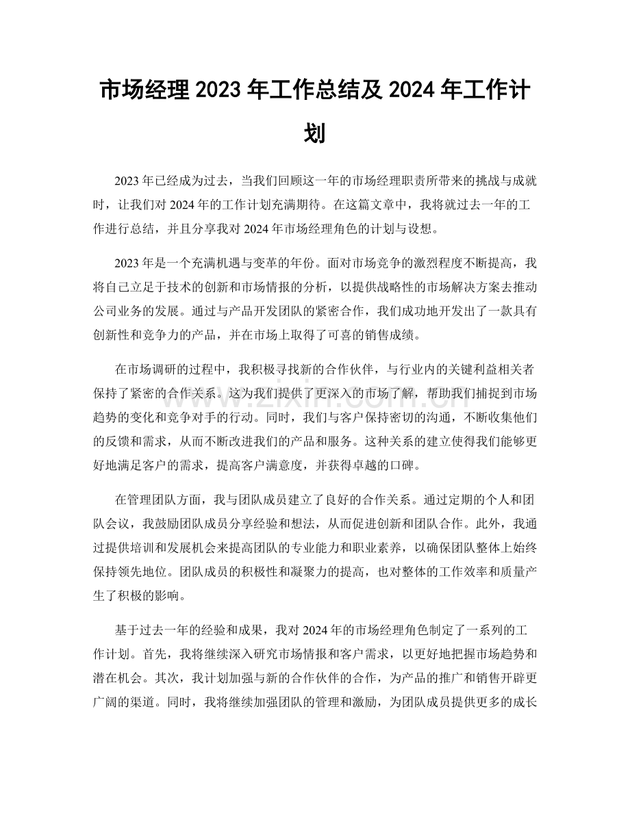 市场经理2023年工作总结及2024年工作计划.docx_第1页