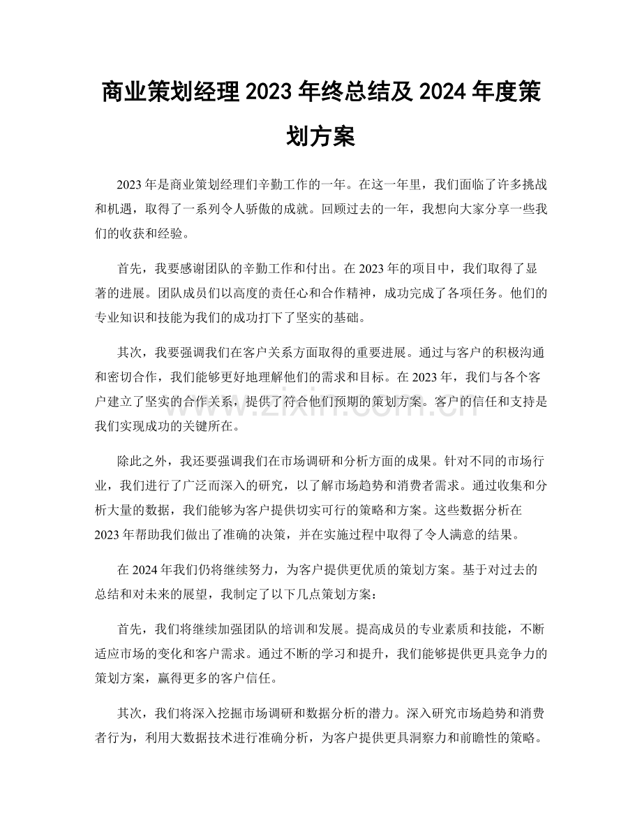 商业策划经理2023年终总结及2024年度策划方案.docx_第1页
