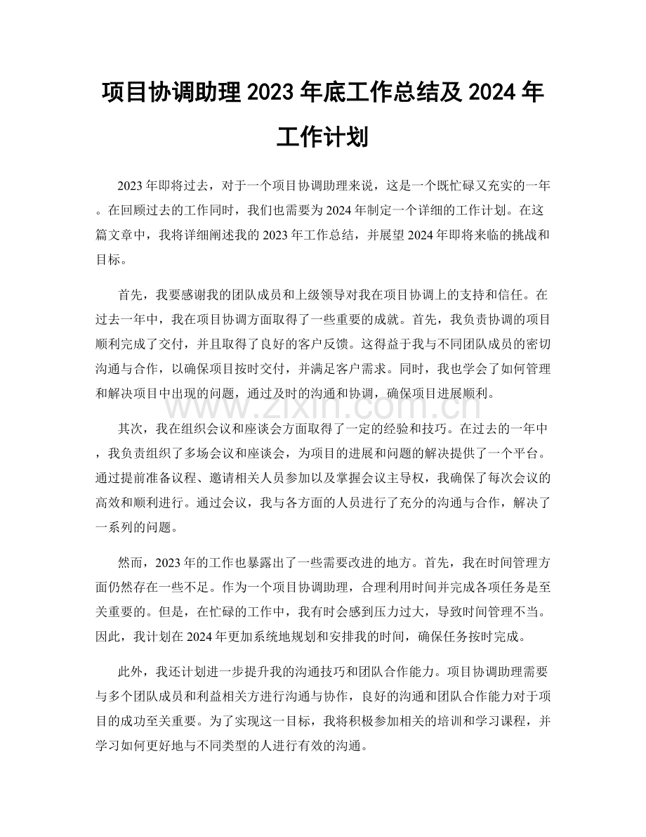 项目协调助理2023年底工作总结及2024年工作计划.docx_第1页