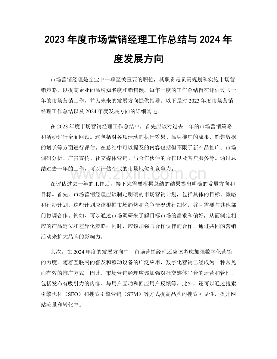 2023年度市场营销经理工作总结与2024年度发展方向.docx_第1页