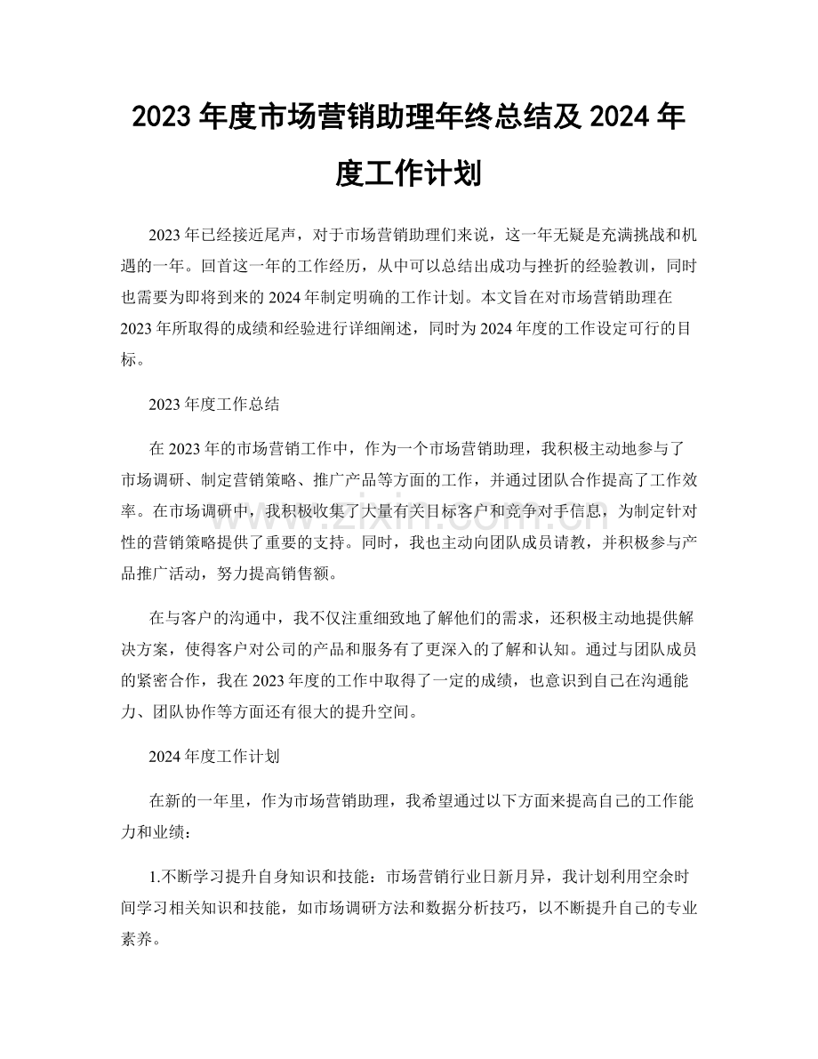 2023年度市场营销助理年终总结及2024年度工作计划.docx_第1页