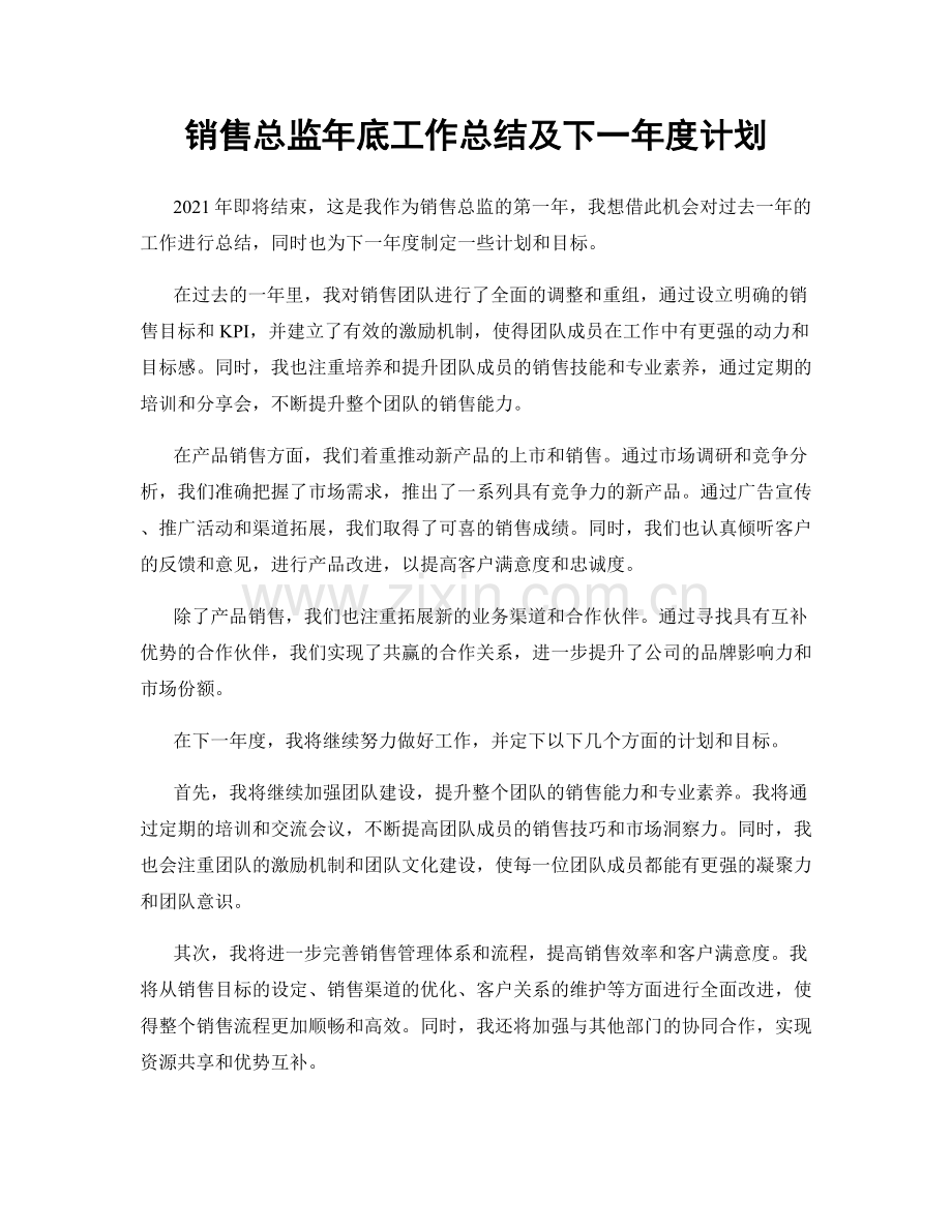 销售总监年底工作总结及下一年度计划.docx_第1页