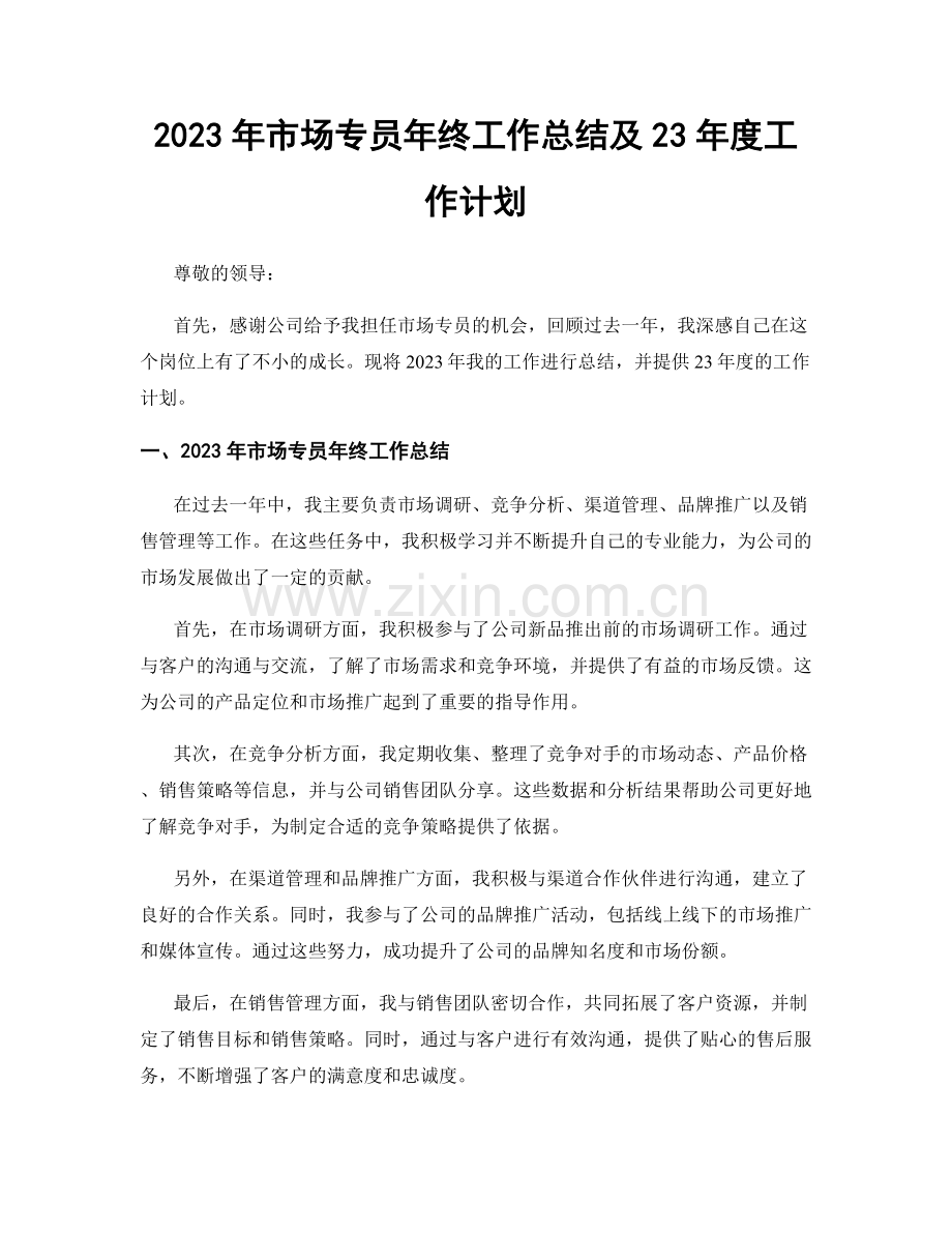 2023年市场专员年终工作总结及23年度工作计划.docx_第1页
