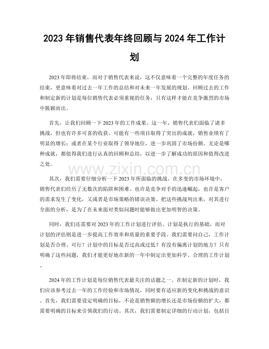 2023年销售代表年终回顾与2024年工作计划.docx_第1页