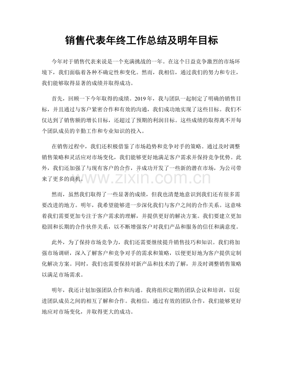 销售代表年终工作总结及明年目标.docx_第1页