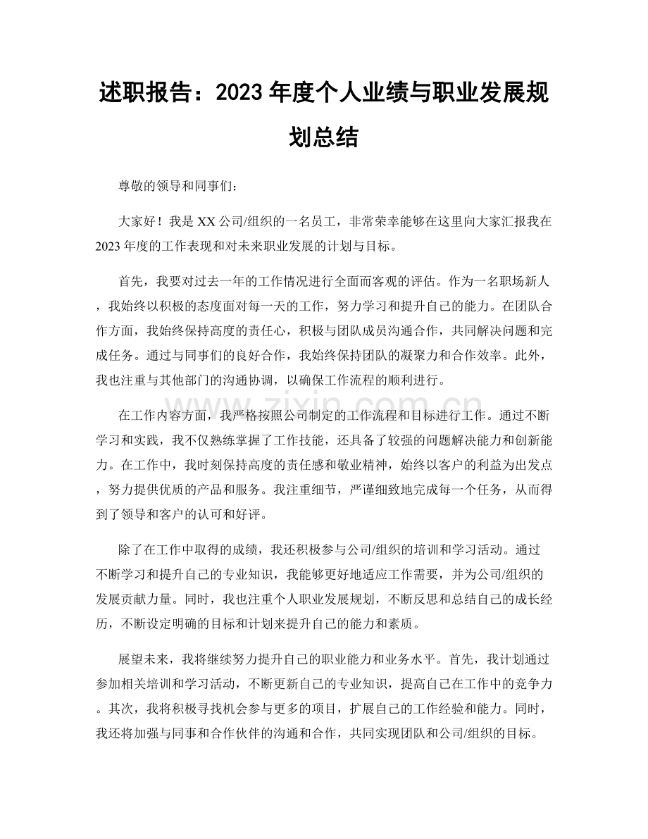 述职报告：2023年度个人业绩与职业发展规划总结.docx_第1页