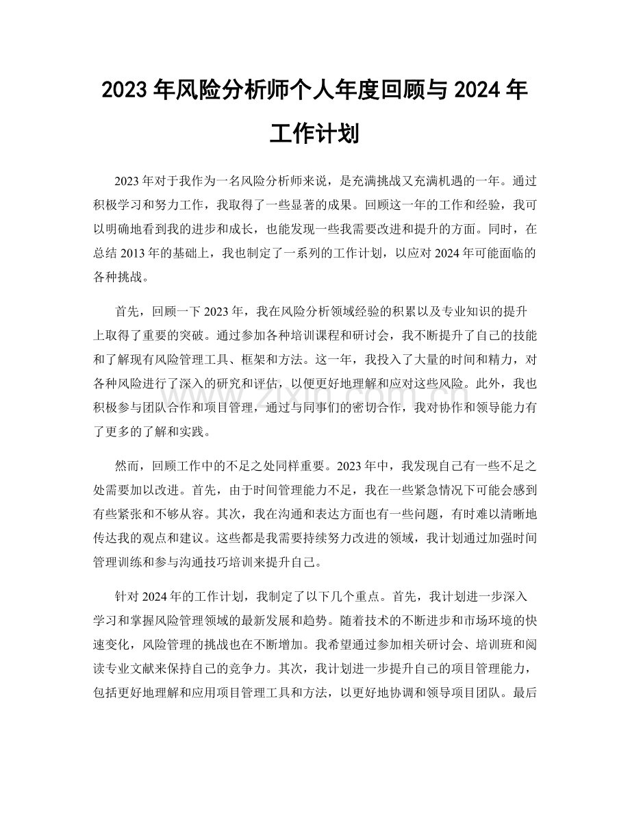 2023年风险分析师个人年度回顾与2024年工作计划.docx_第1页