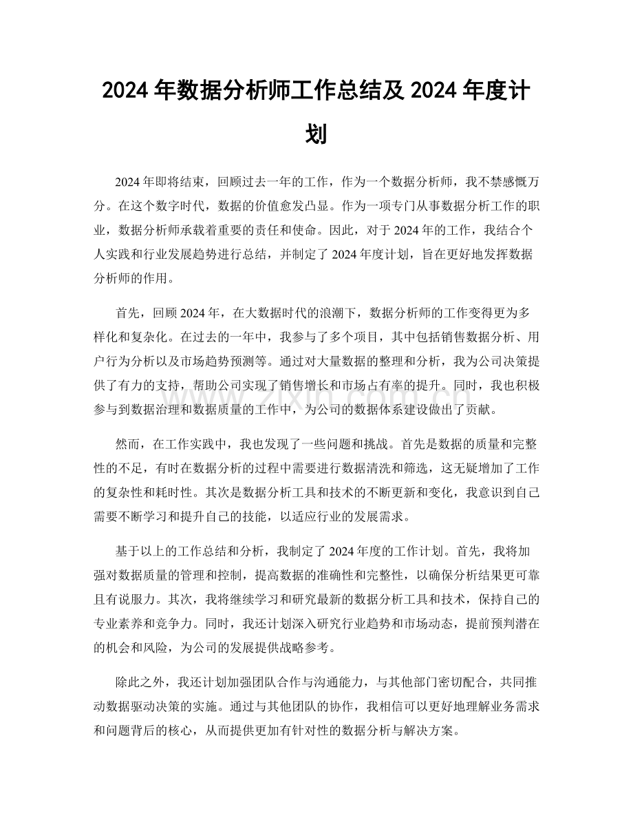2024年数据分析师工作总结及2024年度计划.docx_第1页