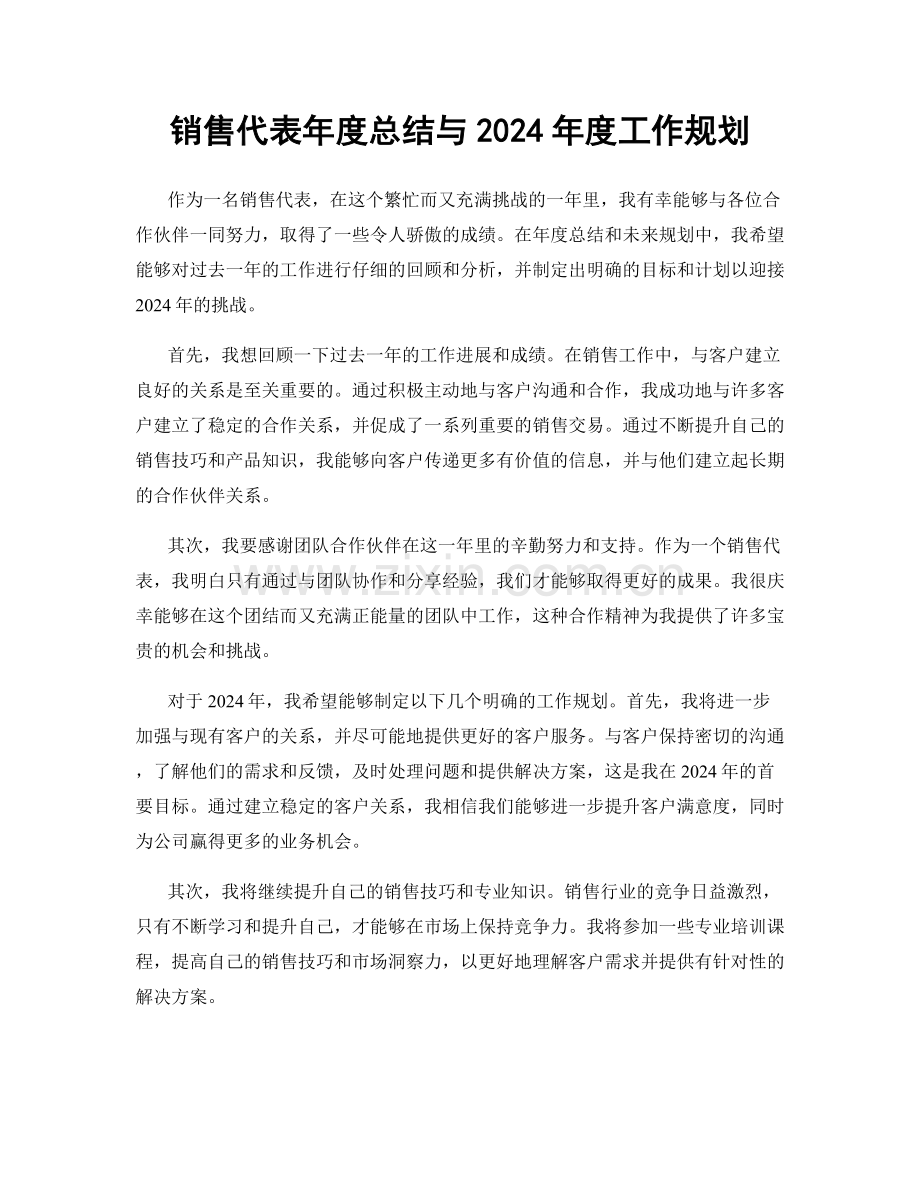 销售代表年度总结与2024年度工作规划.docx_第1页